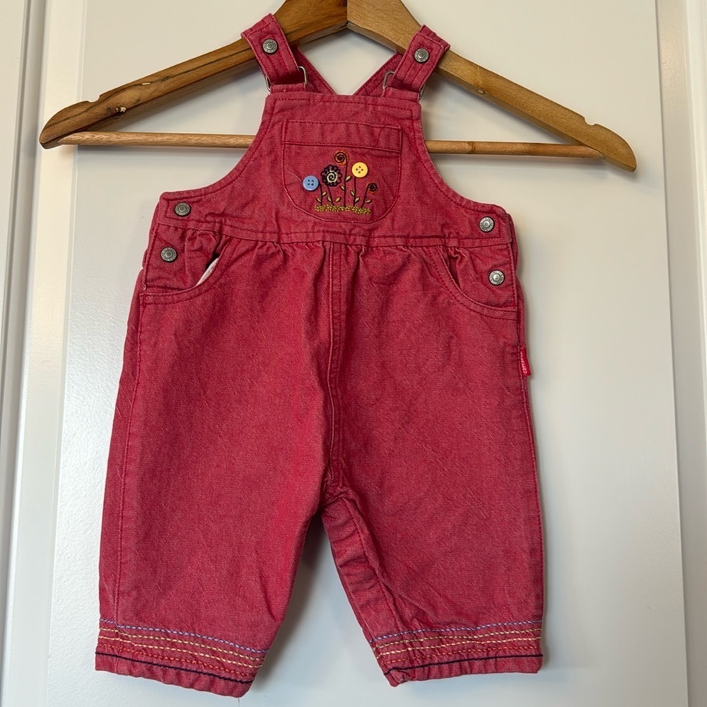 Carter's Vintage Faded Red Denim Overalls Girl 3/6 Months Floral Embroidered
